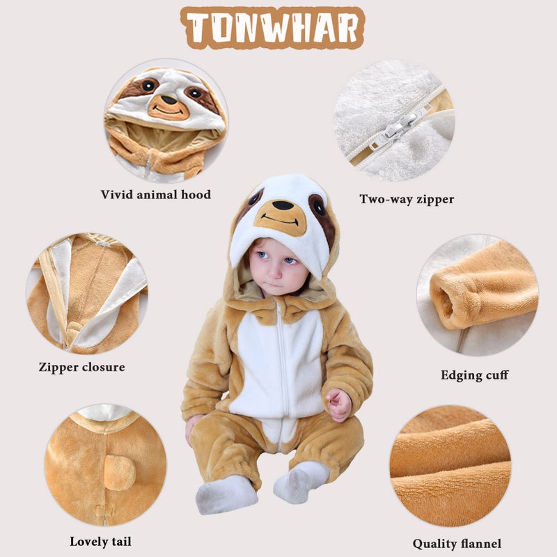 TONWHAR Kids' And Toddlers' Infant Tiger Dinosaur Animal Fancy Dress Costume Outfit Hooded Romper Jumpsuit (2-3 Months/Height:21"-23",Sloth) - Image 2